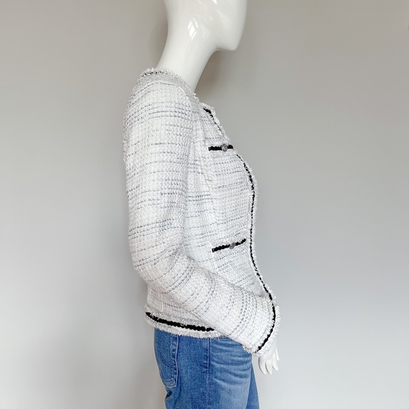 WHBM White Grey Tweed Metallic Dressy Blazer Jacket Black Piping XS - Picture 6 of 16